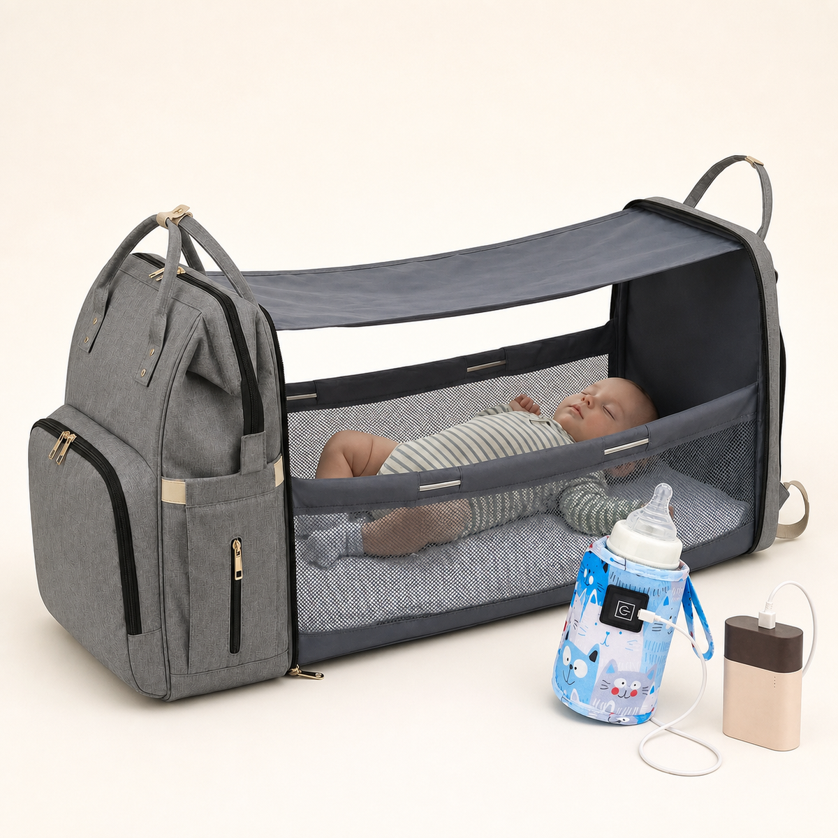 Pack con mochila cuna y calentador portátil para bebé
